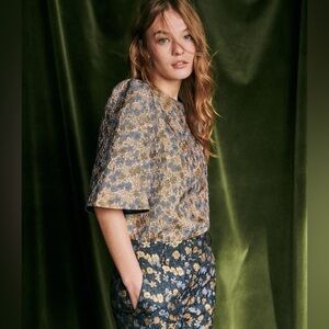 Sezane Gabrielle Blouse Floral Jacquard Pattern Top Gold and Blue